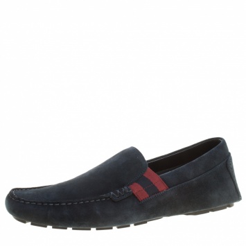 Pre Owned Gucci Navy Blue Suede Web Detail Loafers Size 44