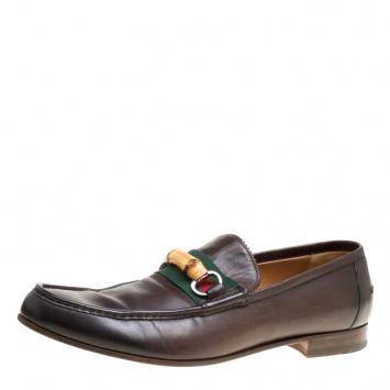Pre Owned Gucci Dark Brown Leather Bamboo Web Loafers Size 45.5