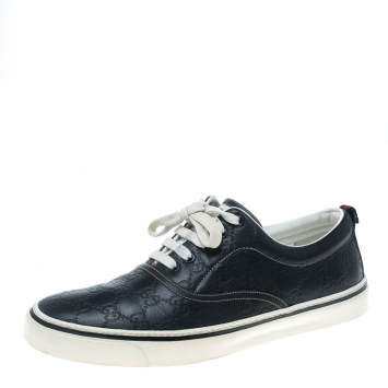 Pre Owned Gucci Navy Blue Guccissima Leather Skippy Low Top Sneakers Size 43.5