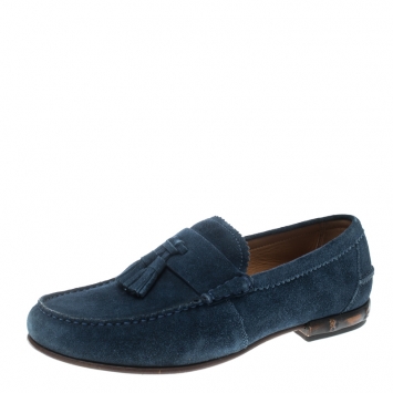 Pre Owned Gucci Blue Suede Queen Bamboo Trim Heel Tassel Loafers Size 40