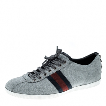 Pre Owned Gucci Metallic Silver Glitter Coated Fabric Bambi Web Detail Studded Low Top Sneakers Size 44.5