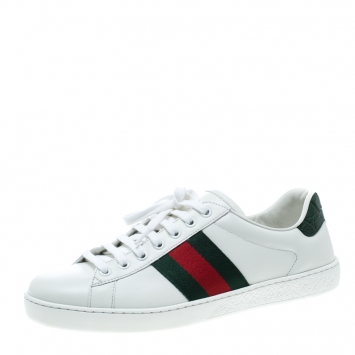 Pre Owned Gucci White Leather Croc Trim Web Detail Ace Low Top Sneakers Size 42