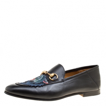Pre Owned Gucci Black Leather Horsebit Applique Wolf Detail Loafers Size 40.5