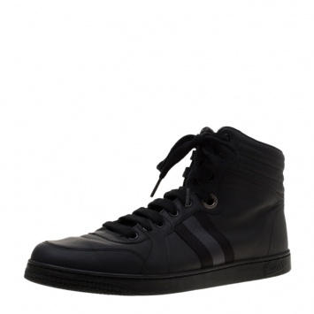 Pre Owned Gucci Black Leather Gucci Viaggio Web Detail High Top Sneakers Size 42