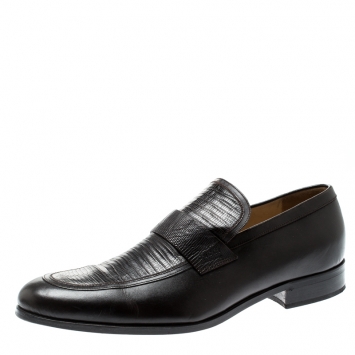 Pre Owned Gucci Brown Leather And Lizard Leather Loafers Size 41