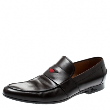 Pre Owned Gucci Brown Leather Web Detail Loafers Size 44