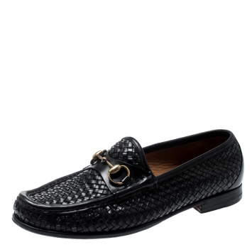 Pre Owned Gucci Black Woven Leather Hannover Horsebit Loafers Size 40