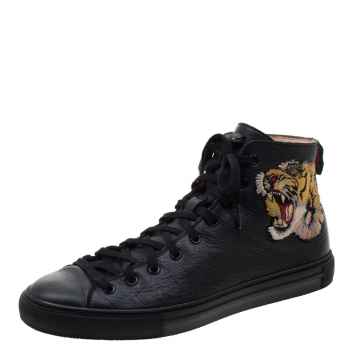 Pre Owned Gucci Black Leather Tiger Patch High Top Sneakers Size 42