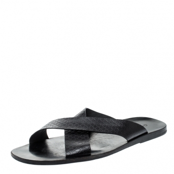Pre Owned Gucci Black GG Diamante Leather Cross Strap Flat Slides Size 45