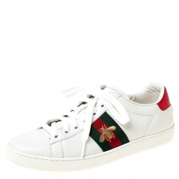 Pre Owned Gucci White Leather Ace Embroidered Bee Low Top Sneakers Size 36
