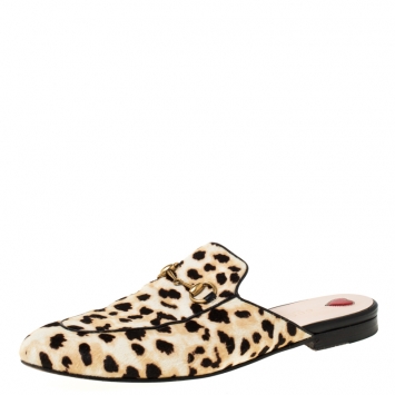 Pre Owned Gucci Beige Leopard Print Calfhair Princetown Horsebit Mules Size 39.5