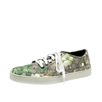 Pre Owned Gucci Green/Beige Bloom Print GG Supreme Canvas Lace Up Low Top  Sneaker Size 43