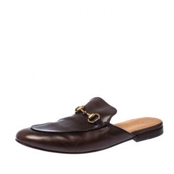 Pre Owned Gucci Brown Leather Horsebit Slip On Slippers Size 42