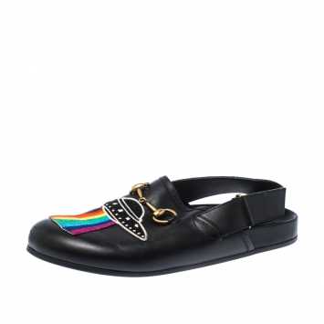 Pre Owned Gucci Black Appliques Leather Horsebit River Slingback Slippers Size 42