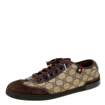 Pre Owned Gucci Beige/Brown GG Supreme Canvas And Leather Sneakers Size 42.5