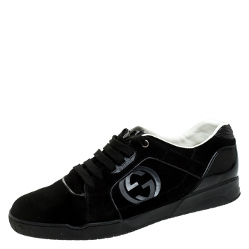 Pre Owned Gucci Black Suede And PVC Interlocking G Logo Low Top Sneakers Size 46