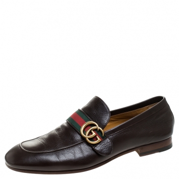 Pre Owned Gucci Brown Leather GG Marmont Web Slip On Loafers Size 42.5