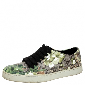 Pre Owned Gucci Green/Beige Bloom Print GG Supreme Canvas Lace Up Low Top  Sneaker Size 43