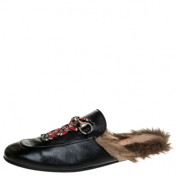 Pre Owned Gucci Black Snake Embroidered Leather and Fur Lined Princetown Mules Size 44