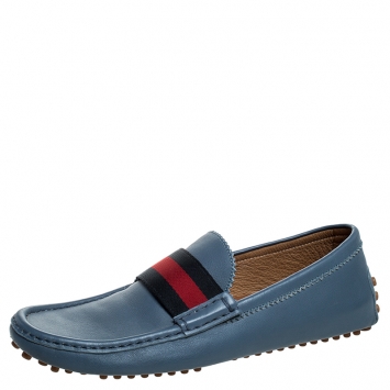 Pre Owned Gucci Blue Leather Web Trim Loafers Size 41
