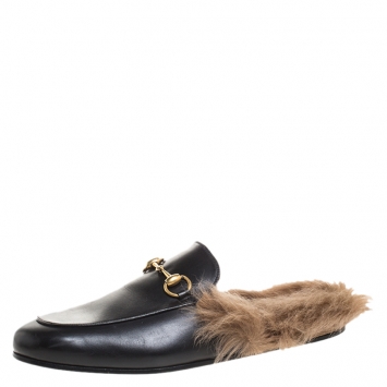 Pre Owned Gucci Black Leather And Fur Princetown Horsebit Loafer Slides Size 42