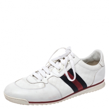 Pre Owned Gucci White Micro Guccissima Leather Web Detail Sneakers Size 44.5