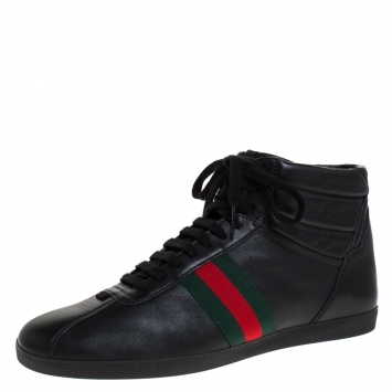 Pre Owned Gucci Black Leather Web Detail High Top Lace Up Sneakers Size 41