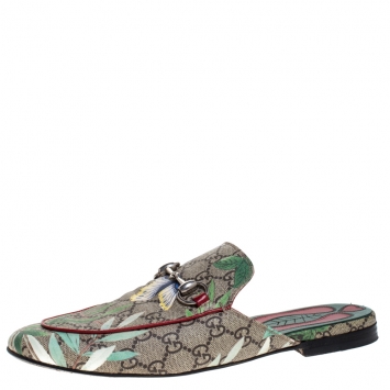 Pre Owned Gucci Beige GG Canvas Princetown Horsebit Tian Print Flat Mules Size 40