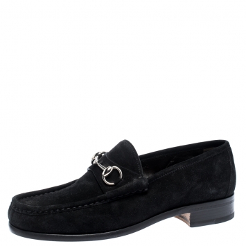 Pre Owned Gucci Black Suede Leather Horsebit Loafers Size 41.5
