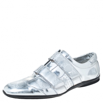 Pre Owned Gucci Silver Fade Effect Guccissima Leather Velcro Low Top Sneakers Size 43.5