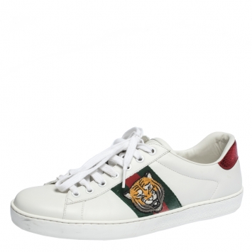 Pre Owned Gucci White Leather Ace Embroidered Tiger Low Top Sneakers Size 41