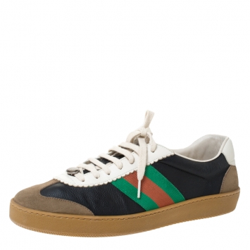 Pre Owned Gucci Black/Brown Leather and Suede Web Detail Lace Up Sneakers Size 44.5