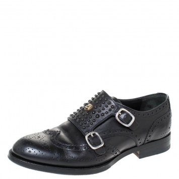 Pre Owned Gucci Black Brogue Leather Queercore Studded Brogue Derby Monk Size 40.5