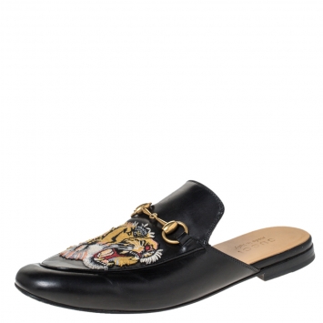 Pre Owned Gucci Black Tiger Embroidered Leather Princetown Horsebit Mules Size 40.5