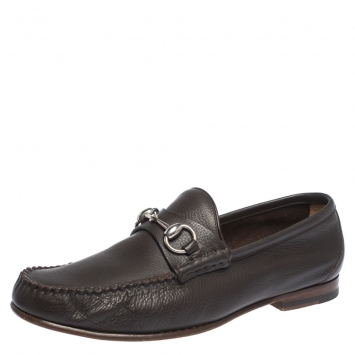 Pre Owned Gucci Brown Leather Horsebit Slip On Loafers Size 41