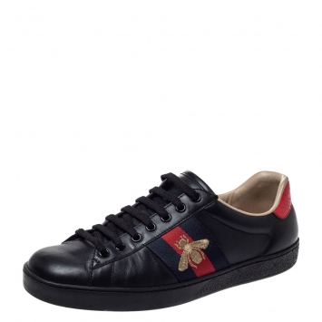 مملوكة مسبقًا Gucci Black Leather Ace Web Bee Low Top Lace Up Sneakers Size 40.5