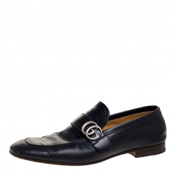 Pre Owned Gucci Blue Leather GG Logo Slip On Loafers Size 45