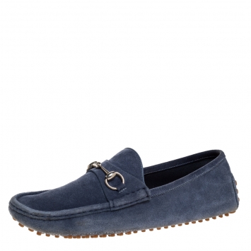 Pre Owned Gucci Blue Suede Horsebit Loafers Size 44