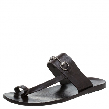 Pre Owned Gucci Brown Leather Horsebit Toe Ring Thong Slide Sandals Size 43.5