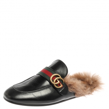 Pre Owned Gucci Black Leather and Fur Lined GG Web Princetown Mules Size 41.5