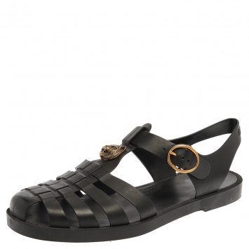 Pre Owned Gucci Black Rubber Marmont And Tiger Embellished Buckle Strap Sandals Size 43