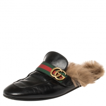 Pre Owned Gucci Black Leather and Fur Lined GG Web Princetown Mules Size 42