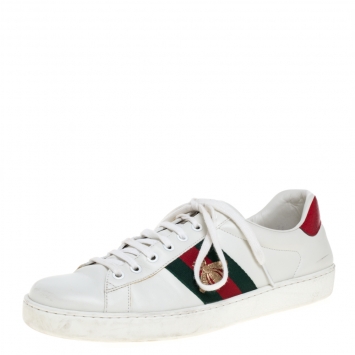 Pre Owned Gucci White Leather Embroidered Bee Ace Low Top Sneakers Size 43.5