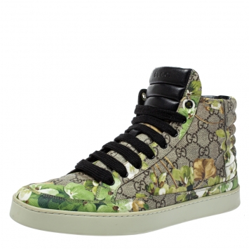 Pre Owned Gucci Beige/Green Blooms Printed GG Canvas High Top Sneakers Size 44