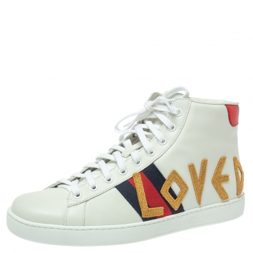 Pre Owned Gucci White Leather Ace Loved High-Top Sneakers Size 42.5