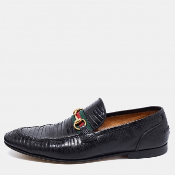 Pre Owned Gucci Black  Lizard Embossed  Horsebit Loafers Size 44