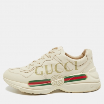 Pre Owned Gucci Cream Leather Rhyton Lace Up Sneakers Size 43 