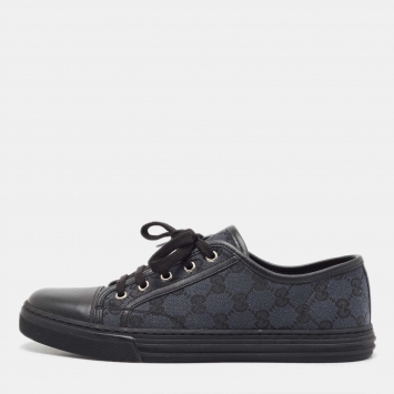 Pre Owned Gucci Blue/Black GG Canvas And Leather Cap Toe Low Top Sneakers Size 41.5