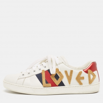 Pre Owned Gucci White Leather Loved Embroidered Ace Sneakers Size 40