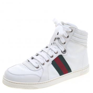 Pre Owned Gucci White Leather Web Detail High Top Sneakers Size 40